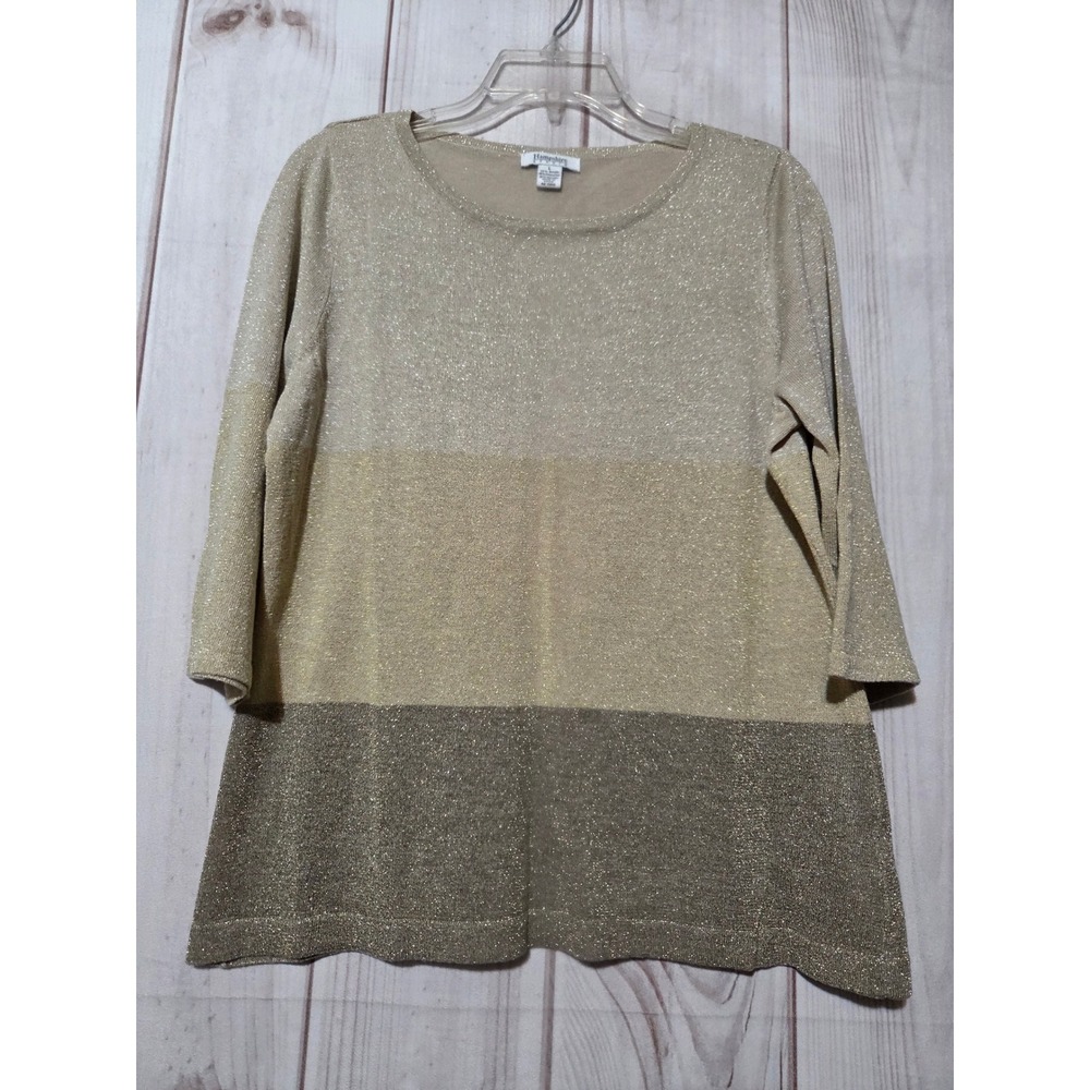 Hampshire Studio Womens Gold‎ Metallic Color Block Knit Sweater 3/4 Sleeve Large